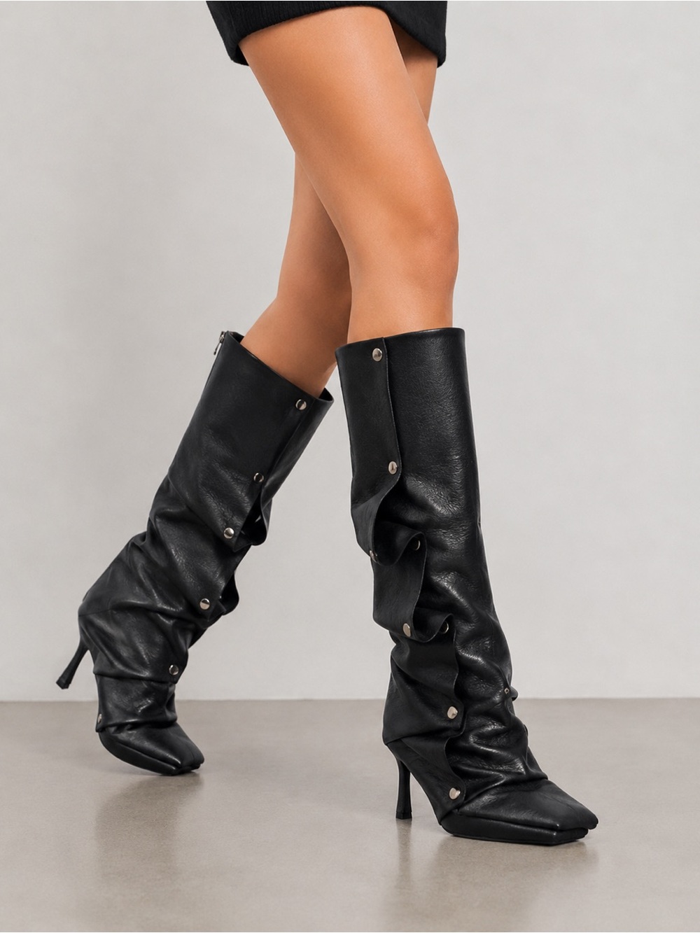Black Ruched Studded Pointed Toe Knee-High Boots NIB Sizes 6.5 & 7
